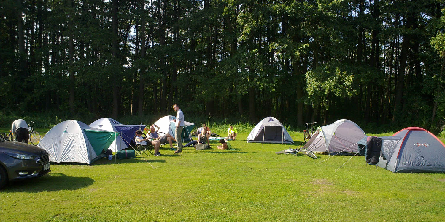 Zelte stehen auf einem grünen Rasen, der zu einem Campingplatz gehört.