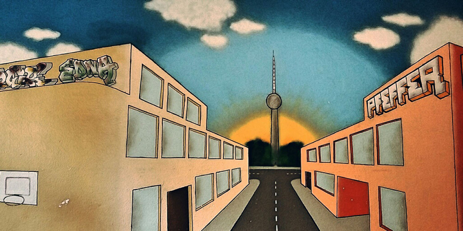 Wandbild einer Straße mit dem Fernsehturm im Hintergrund
