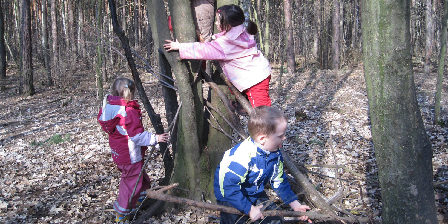 Drei Kinder die an einem Baum mit Ästen spielen und auf den Baum klettern.