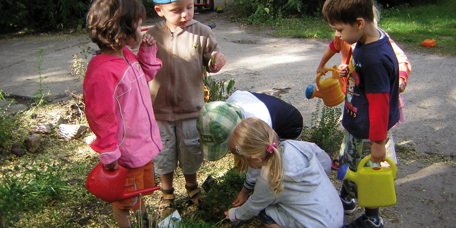 Mehrere Kinder haben Gießkannen in der Hand und wollen Pflanzen gießen