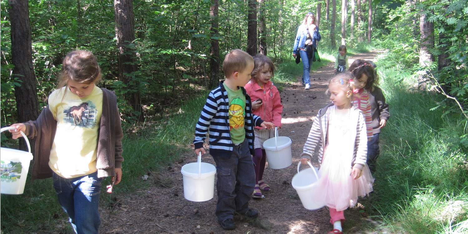 Eine kleine Gruppe Kindern mit Eimern gehen mit einer Erzieherin durch einen Wald