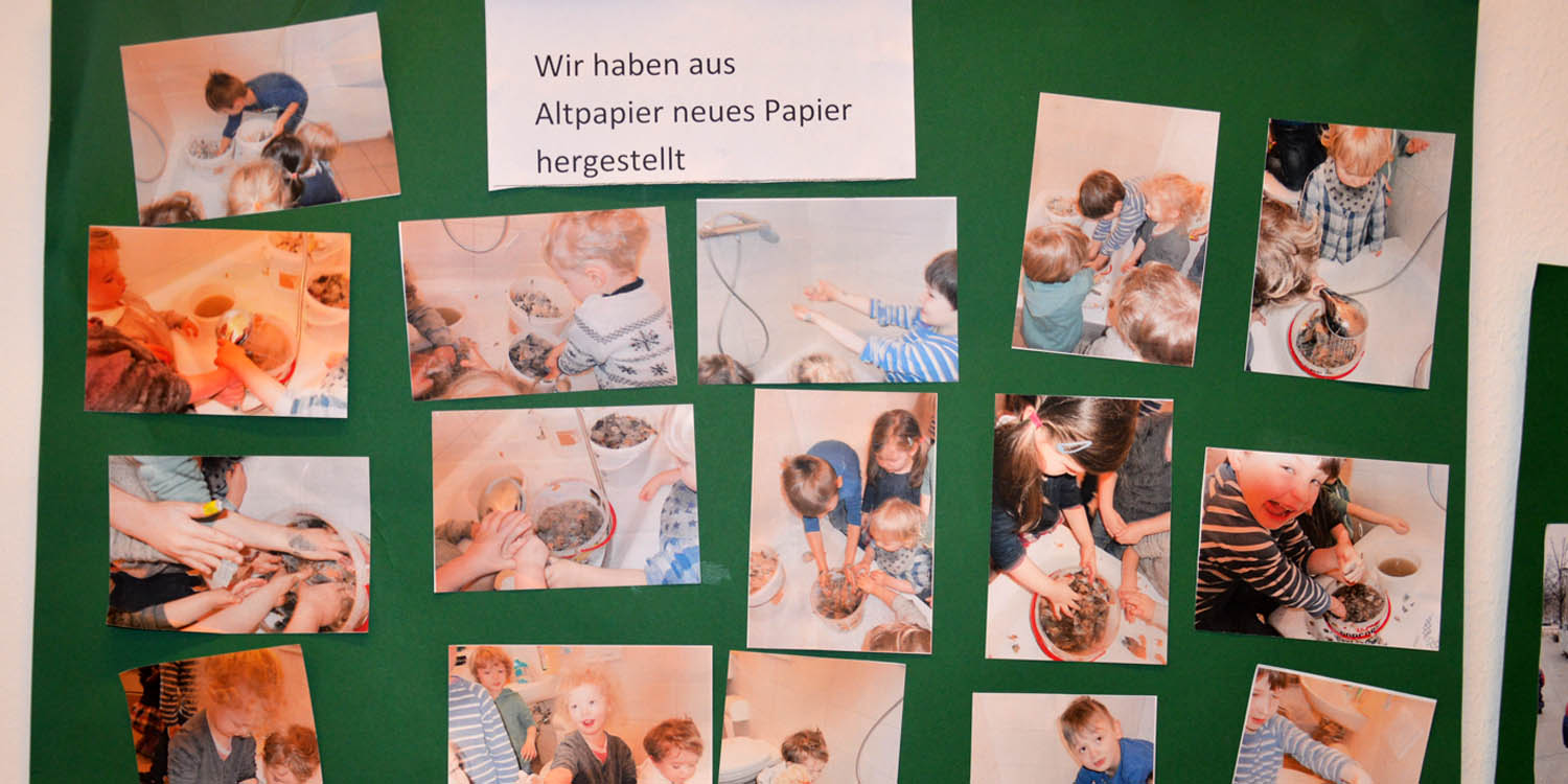 Ein Plakat mit Fotos, auf dem die Kinder aus Altpapier neues Papier gemacht haben.