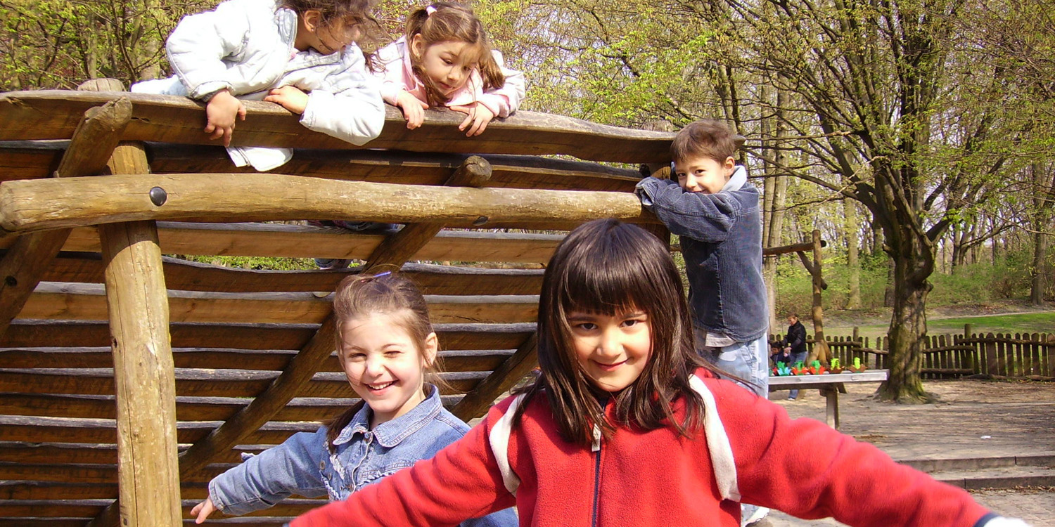 Fünf Kinder auf einem Holzklettergerüst.  sind.