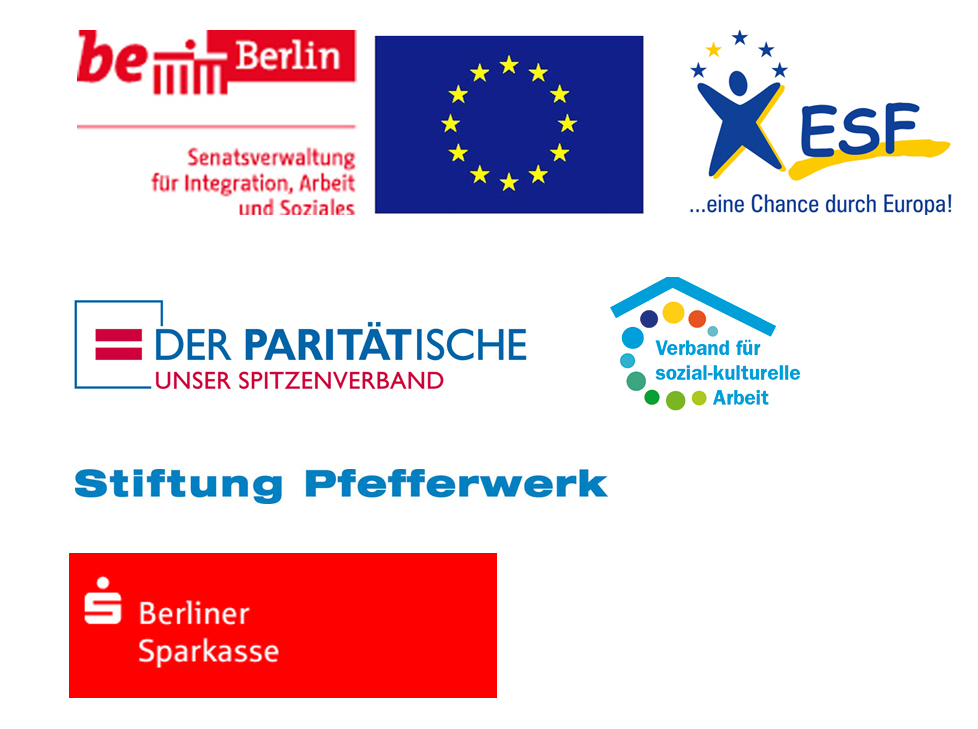 Logos EU, berlin, Paritätischer, Verband sozial-kulturelel Arbeit, ESF, Sparkasse