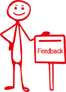 Gezeichnete Figur mit einem Feedback-Schild in der Hand