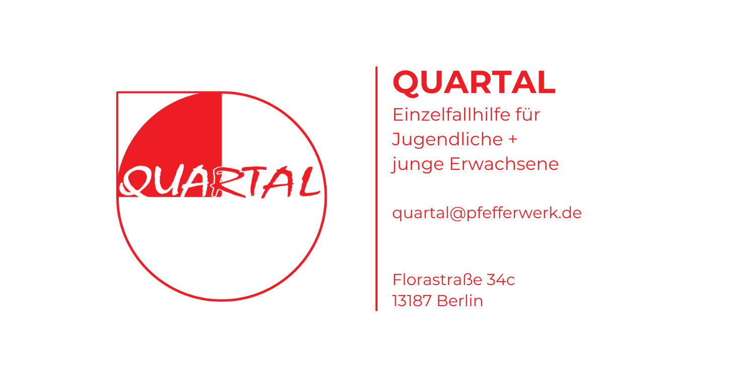 Text: QUARTAL Einzelfallhilfe für Jugendliche und junge Erwachse. Daneben ein Kreis, der zu einem Viertel mit rot gefüllt ist und der Schriftzug QUARTAL