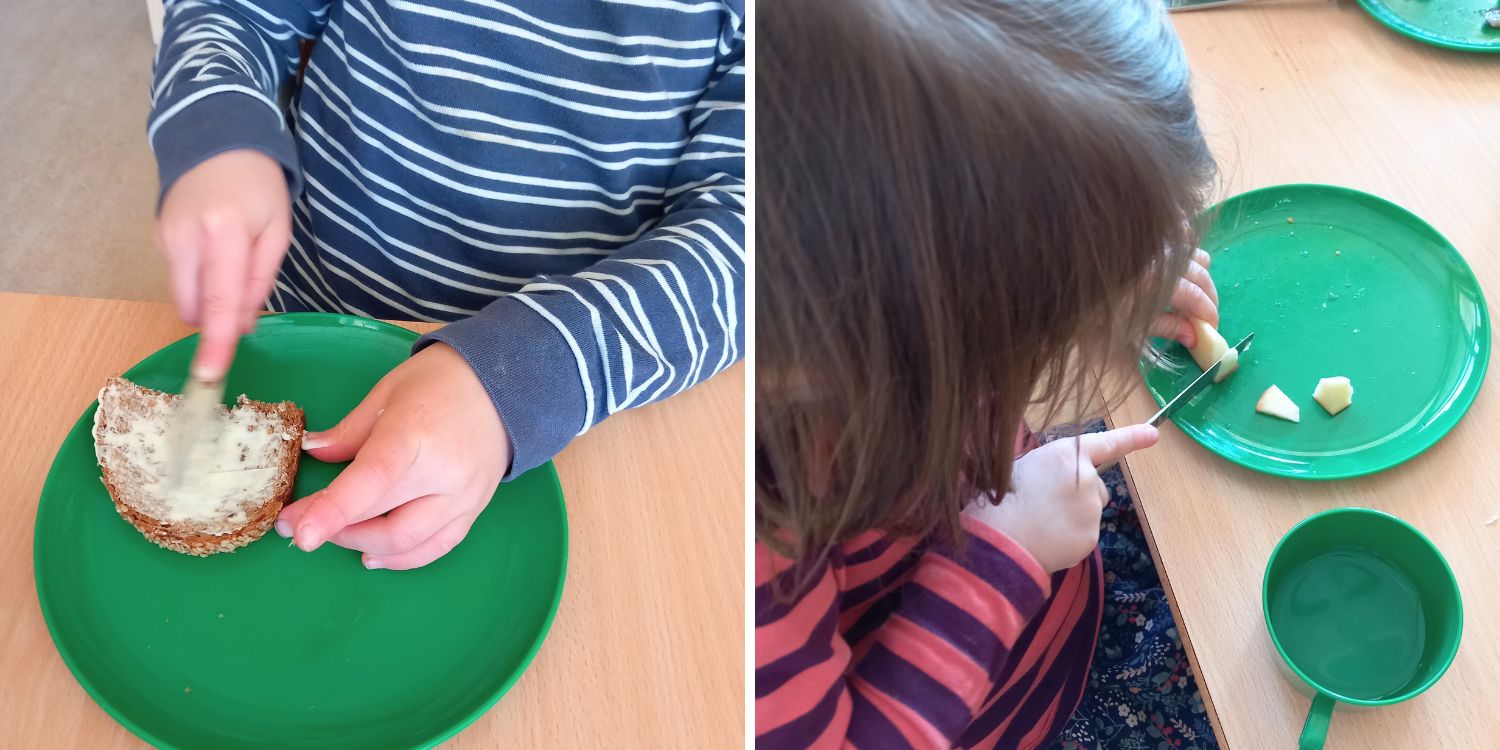 Linkes Foto: Ein Kinde schmiert sich eine Stulle mit Butter oder Margarine. Rechts: Ein Mädchen schneidet eine Apfelspalte in kleine Stücke.
