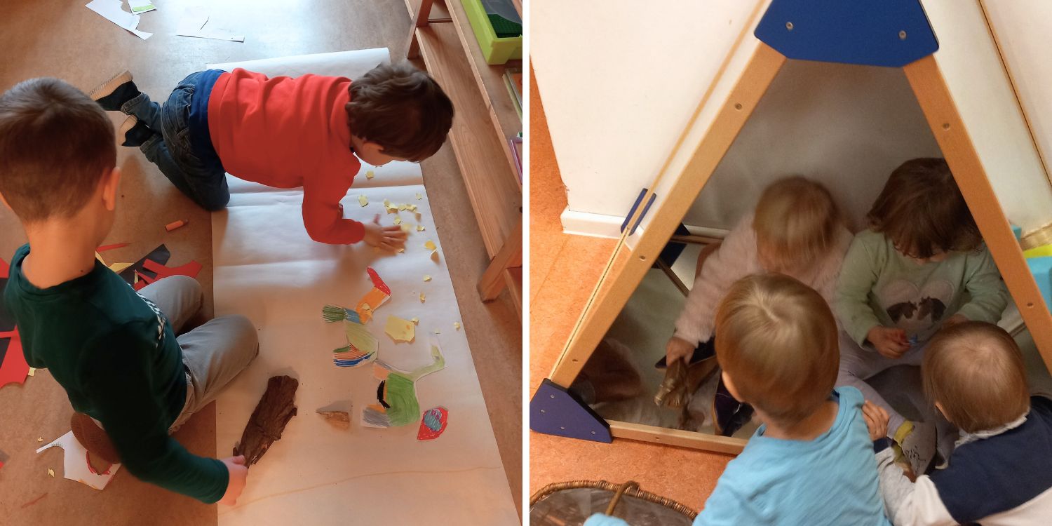 linkes Foto: Zwei Kinder legen aus Papierschnipseln Figuren auf dem Boden. Rechtes Bild: Zwei Kinder sitzen in einem kleinen Tipi; zwei davor. Sie unterhalten sich.
