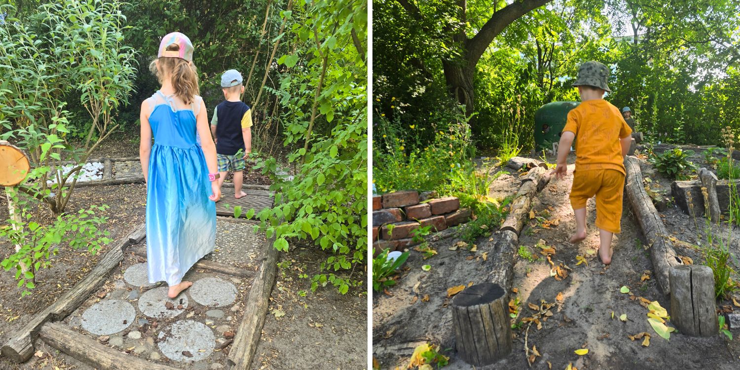 Linkes Foto: Zwei Kinder laufen einen Barfußpfad mit Steinplatten, Kieselsteinen und Pflastersteinen entlang. Rechts: Ein kleiner Junge läuft einen Sandweg hinauf.