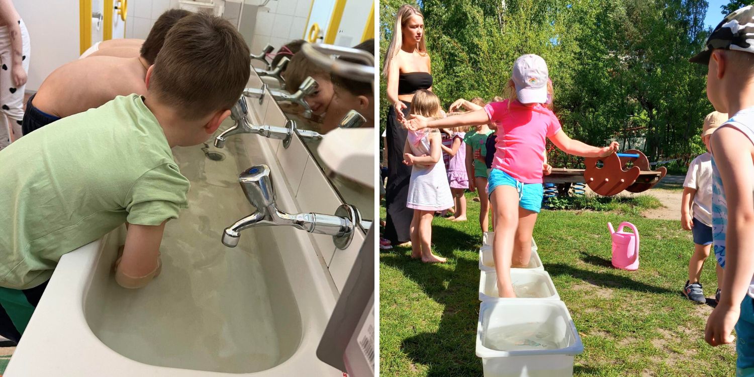 Linkes Foto: Drei Kinder legen ihre Arme bis zum Ellenbogen in Waschbecken mit kaltem Wasser (Kneipp-Anwendung). Rechts: Kinder laufen durch Kübel mit kaltem Wasser (Kneipp-Anwendung).