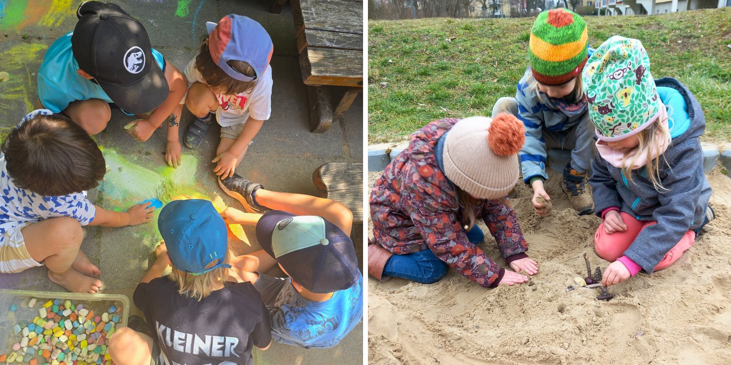 Linkes Bild: Fünf Kinder mit Käppies auf dem Kopf sitzen im Kreis und bestaunen die zermahlene Kreise, die links neben ihnen in einer Kiste liegt. Rechts: Drei Kinder sitzen in einem Sandkasten und spielen mit Figuren.