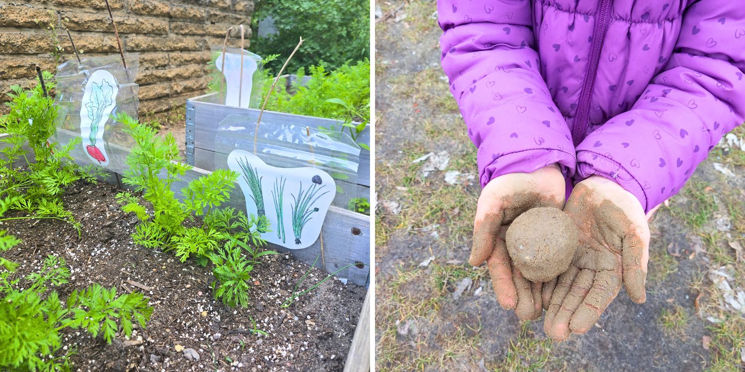 Linkes Foto: In einem Hochbeet wachsen Gemüsepflanzen. An den Seiten der Hochbeete sind Zeichnungen angebracht, die zeigen, was da wächst: Radieschen und Lauch. Rechts: Ein Kind hält eine Kugel aus Lehm in den Händen.