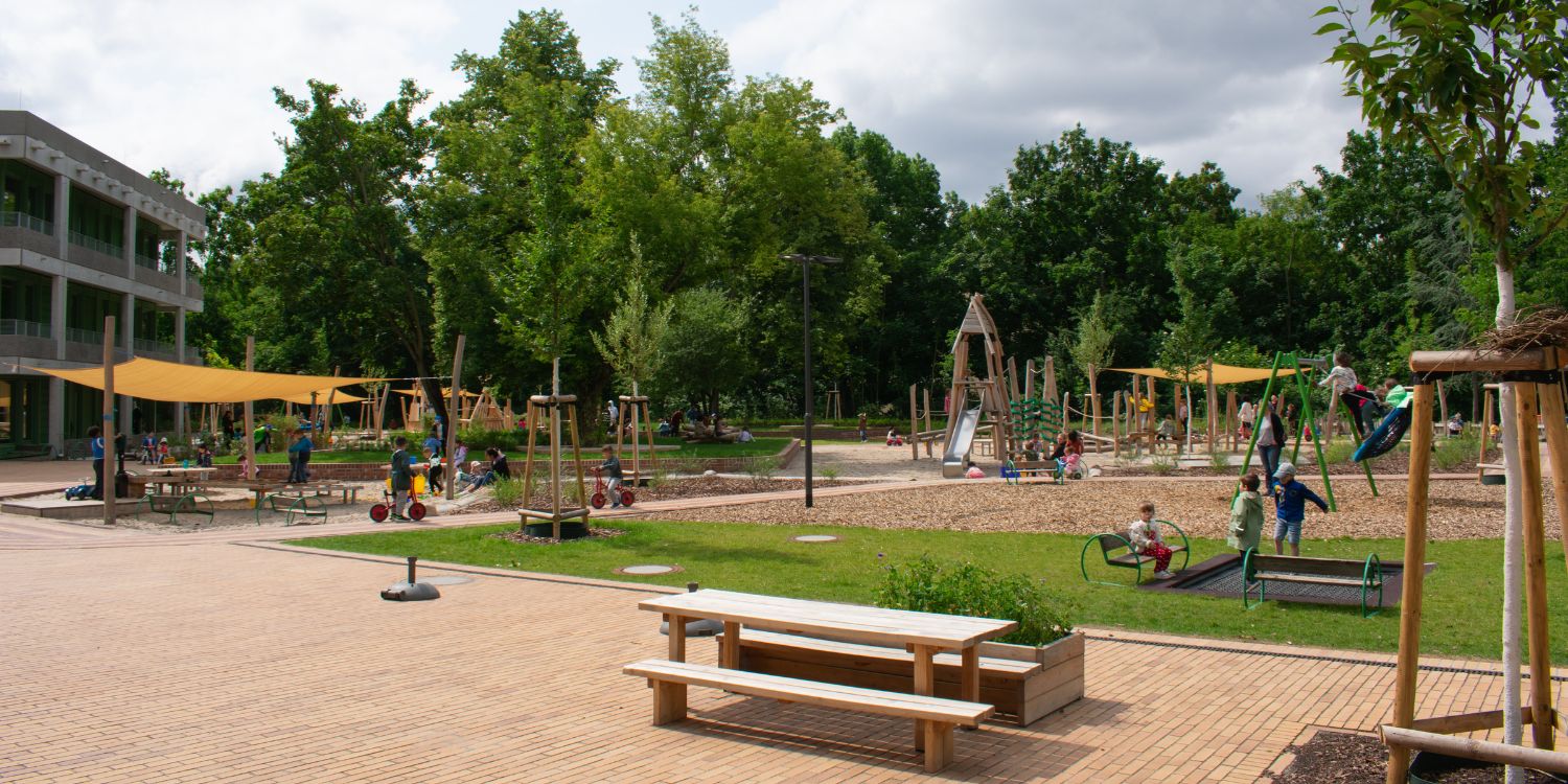 Holzgeräte und Holzklettergerüste stehen unter großen Sonnensegeln im Spielsand. Im Hintergrund steht das Kitagebäude.