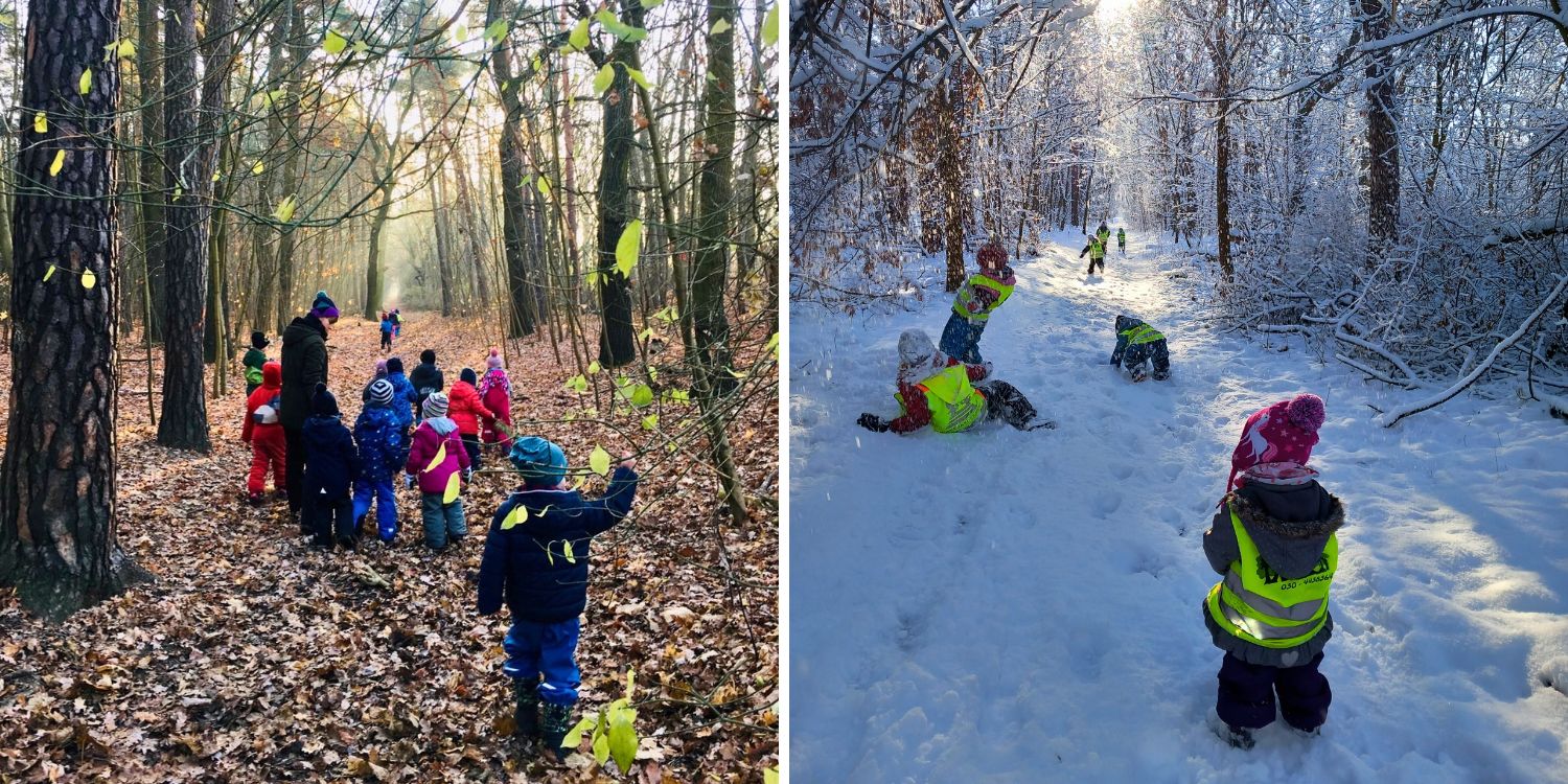 Links: KInder laufen durch einen Herbstwald. Rechts: Kinder laufen durch einen Winterwald